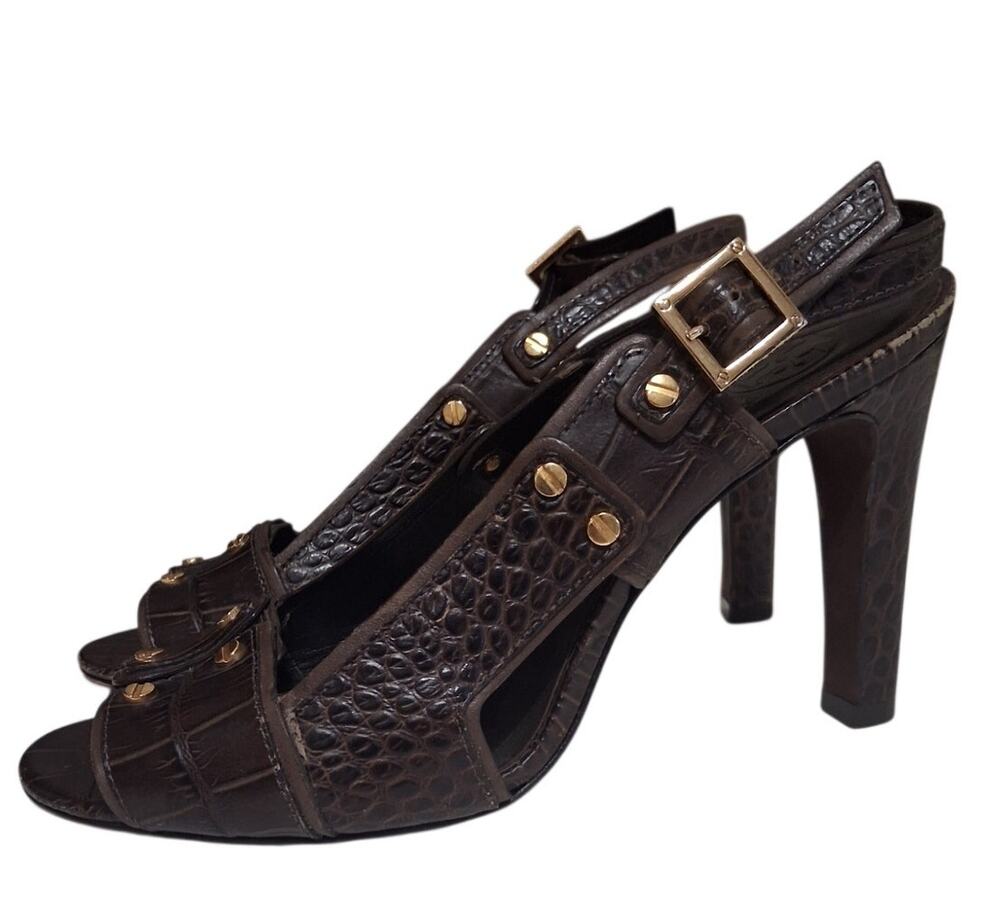 Tory Burch Brown Croc Embossed Leather Studded Slingback Heels Size 9.5
